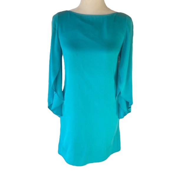 Milly Silk Aqua Blue Green Blue Butterfly Sleeve Scoop Back Column Mini Dress 0 - Picture 15 of 15